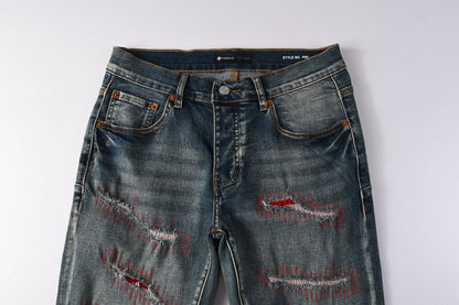 PURPLE Men Streetwear Skinny Jeans Light Blue Wash with Red - Patched Distressed Details 9114