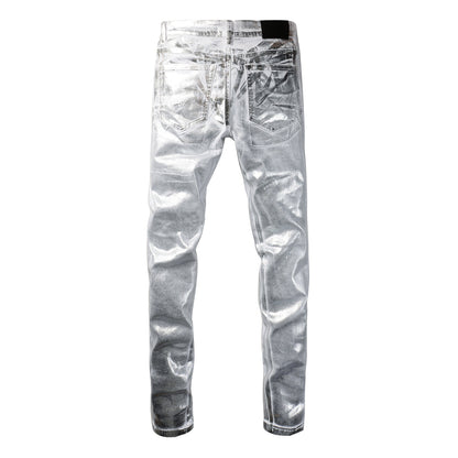 PURPLE Men Streetwear Jeans Metallic Silver Coated Finish with Futuristic Shine Skinny Fit Statement 9110