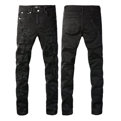 PURPLE Men Distressed Black Skinny Jeans with Heavy Ripped Design and Grunge Streetwear Vibe 9108