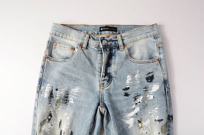 PURPLE Men Streetwear Jeans Light Blue Paint Splash Distressed Ripped skinny 9100