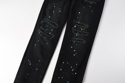 PURPLE Men Streetwear Skinny Jeans Black Wash with Distressed Details and Multi - Color Paint Splash 9121