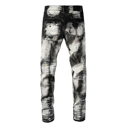 PURPLE Men Streetwear Skinny Jeans Black and White Graffiti Wash with Multi Color Paint Splash 9111
