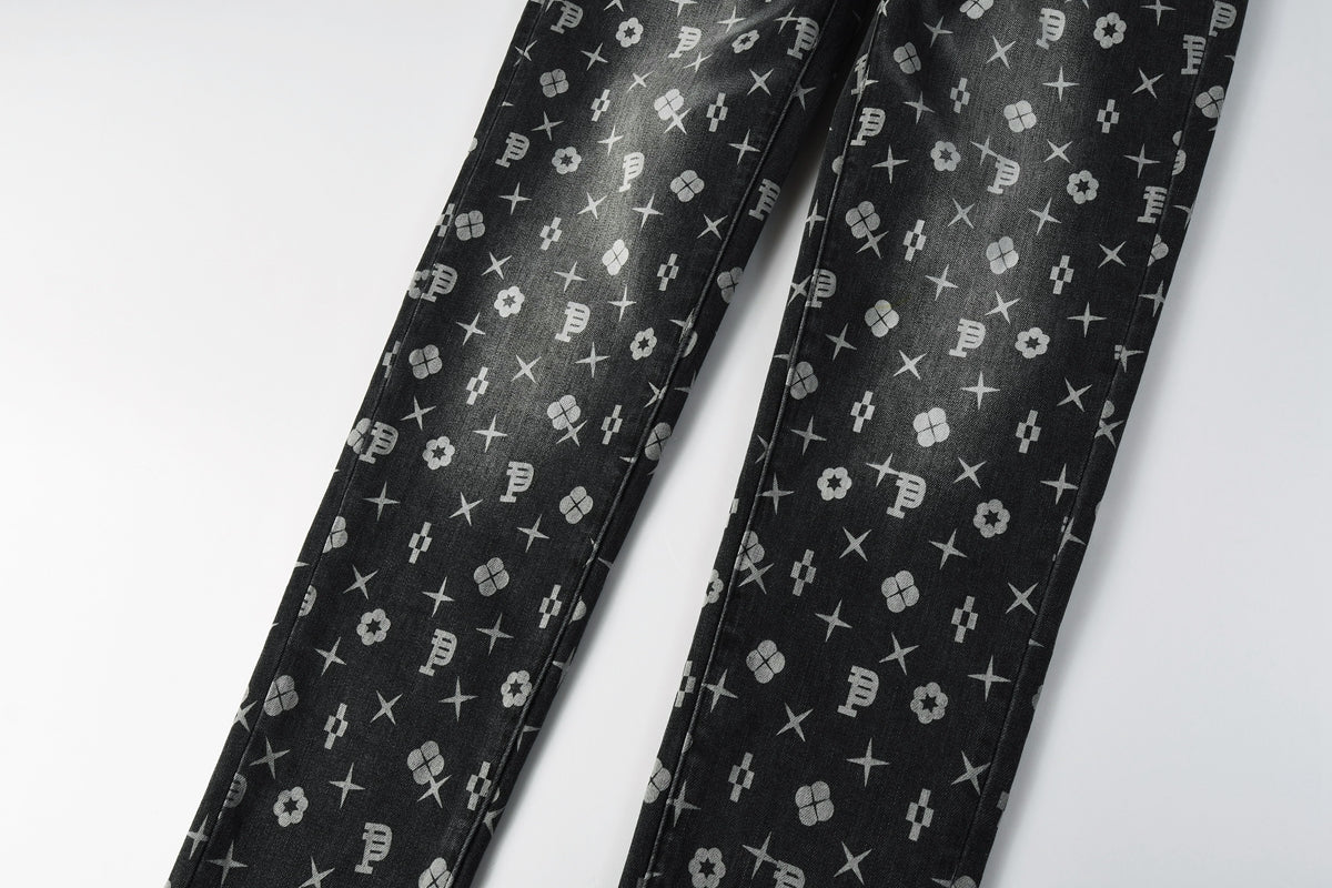 PURPLE Men Classic Street Skinny Jeans Dark Grey Monogram Print All Over Distressed Style 9112