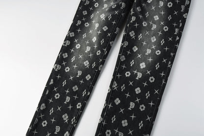 PURPLE Men Classic Street Skinny Jeans Dark Grey Monogram Print All Over Distressed Style 9112