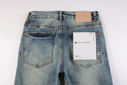 PURPLE Men Streetwear Skinny Jeans Light Blue Wash with Patchwork Distressed Details 9015