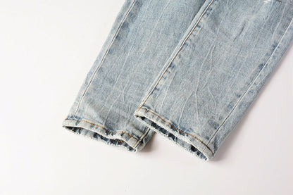 PURPLE Men Streetwear Jeans Light Blue Paint Splash Distressed Ripped skinny 9100
