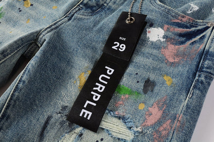 PURPLE Men Streetwear Skinny Jeans Light Blue Wash with Multi-Color Paint Splatter and Distressed Rips 9072