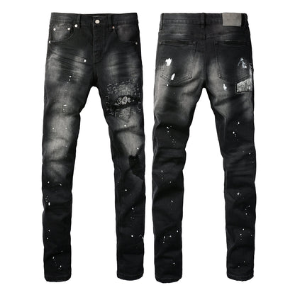 PURPLE Men Streetwear Jeans Distressed Black Paint Splash Patch Ripped skinny 9099