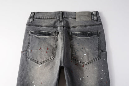 PURPLE Men Streetwear Distressed Grey Skinny Jeanswith Color Paint Splatter and Knee Rips 9107