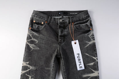 PURPLE  Men Streetwear Skinny Jeans Dark Gray Wash with White Marbled Texture 9056