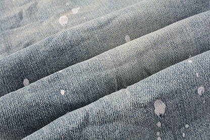 PURPLE Men Streetwear Skinny Jeans Light Blue Wash with Heavy Distressed Rips and White Paint Splatter 9003