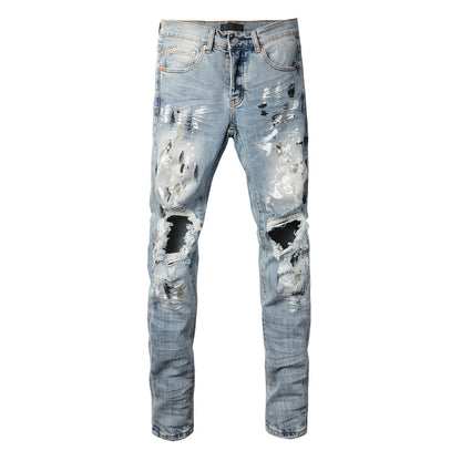 PURPLE Men Streetwear Jeans Light Blue Paint Splash Distressed Ripped skinny 9100