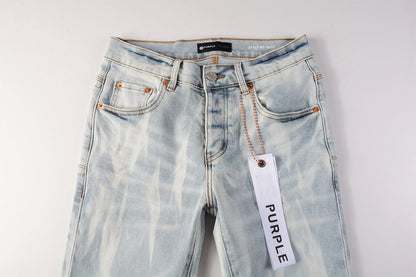 PURPLE Men Streetwear Skinny Jeans Light Blue Wash with White Brushstroke Texture 7017