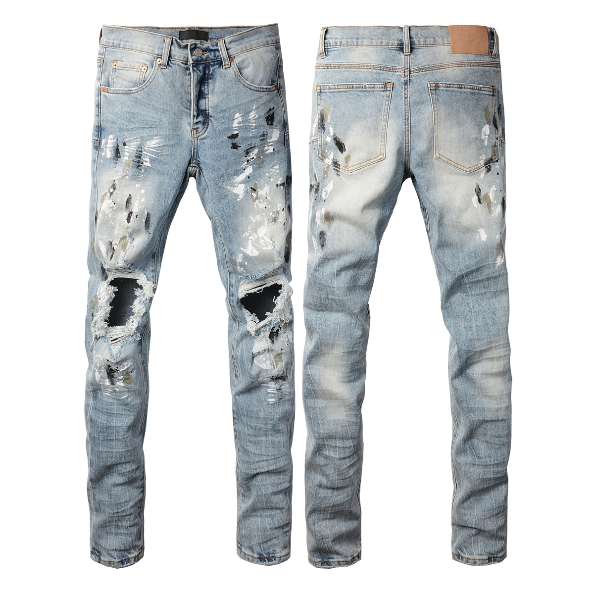 PURPLE Men Streetwear Jeans Light Blue Paint Splash Distressed Ripped skinny 9100