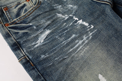 PURPLE Men Streetwear Skinny Jeans Light Blue Wash with White Paint Brush Strokes 9060