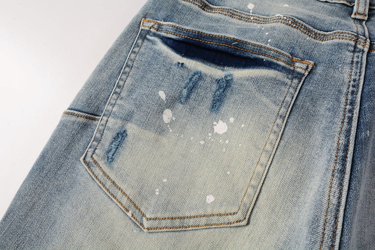 PURPLE Men Streetwear Skinny Jeans Light Blue Wash with Heavy Distressed Rips and White Paint Splatter 9003