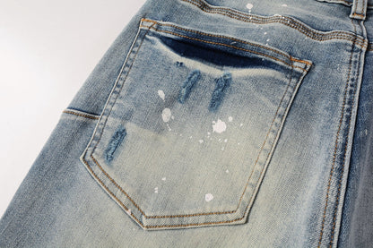 PURPLE Men Streetwear Skinny Jeans Light Blue Wash with Heavy Distressed Rips and White Paint Splatter 9003