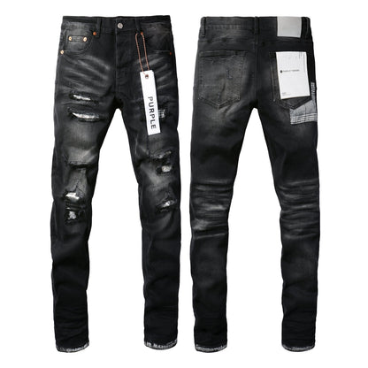 PURPLE Men Streetwear Skinny Jeans Black Wash with Distressed Rips, Checkered Patches and White Paint Splatter 9001