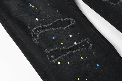 PURPLE Men Streetwear Skinny Jeans Black Wash with Distressed Details and Multi - Color Paint Splash 9121