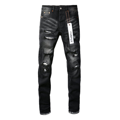 PURPLE Men Streetwear Skinny Jeans Black Wash with Distressed Rips, Checkered Patches and White Paint Splatter 9001