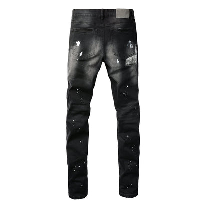 PURPLE Men Streetwear Jeans Distressed Black Paint Splash Patch Ripped skinny 9099