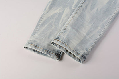PURPLE Men Streetwear Skinny Jeans Light Blue Wash with White Brushstroke Texture 7017