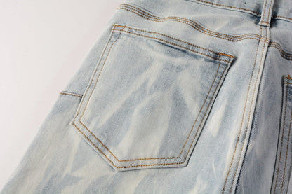 PURPLE Men Streetwear Skinny Jeans Light Blue Wash with White Brushstroke Texture 7017