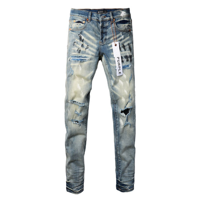 PURPLE Men Classic Streetwear Jeans DistressedBlue Paint Slash Skinny 9037