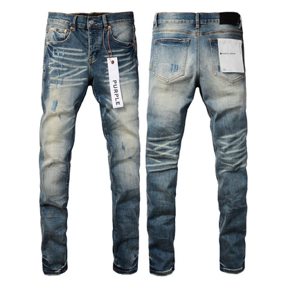 PURPLE Men Streetwear Skinny Jeans Light Blue Wash with Vintage Faded Wash and Subtle Distress 9055