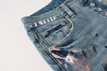 PURPLE Men Streetwear Skinny Jeans Light Blue Wash with Multi-Color Paint Splatter and Distressed Rips 9072