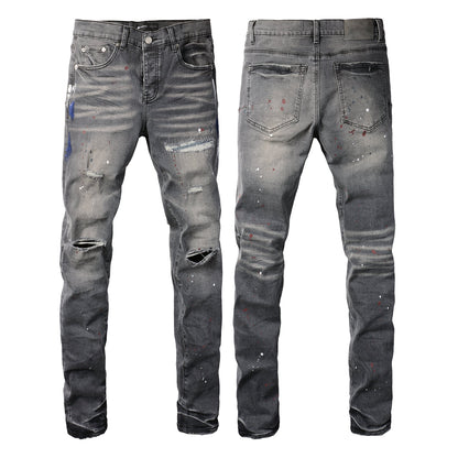 PURPLE Men Streetwear Distressed Grey Skinny Jeanswith Color Paint Splatter and Knee Rips 9107