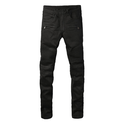 PURPLE Men Streetwear Biker Skinny Jeans Black with Knee Pleats and Zipper Pockets 0964