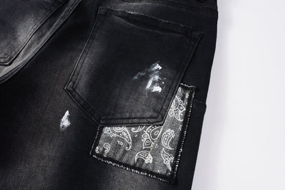 PURPLE Men Streetwear Jeans Distressed Black Paint Splash Patch Ripped skinny 9099