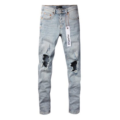 PURPLE Men Streetwear Skinny Jeans Light Blue Wash with Knee Ripped Details and Black Lining 9010