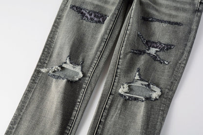 PURPLE Men Classic Streetwear Jeans Distressed Black Grey Ripped skinny 9068