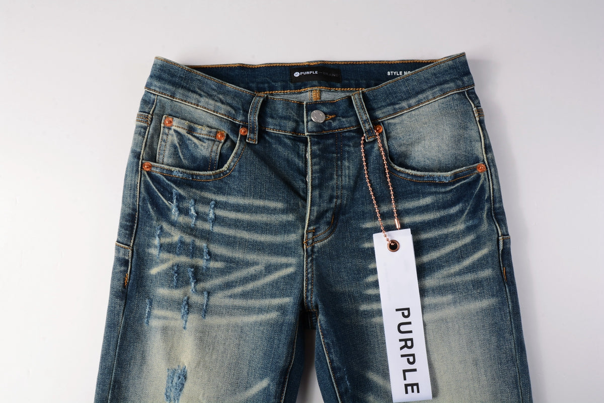 PURPLE Men Streetwear Skinny Jeans Light Blue Wash with Vintage Faded Wash and Subtle Distress 9055