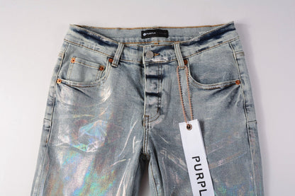 PURPLE Men Streetwear Skinny Jeans Light Blue Wash with Holographic Iridescent Finish 9005