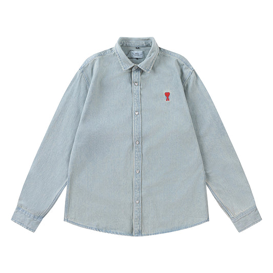 Ami paris Heart Logo Embroidered Denim Shirt 816