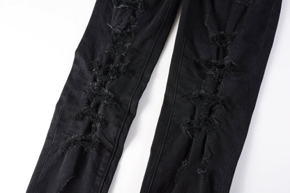 PURPLE Men Distressed Black Skinny Jeans with Heavy Ripped Design and Grunge Streetwear Vibe 9108