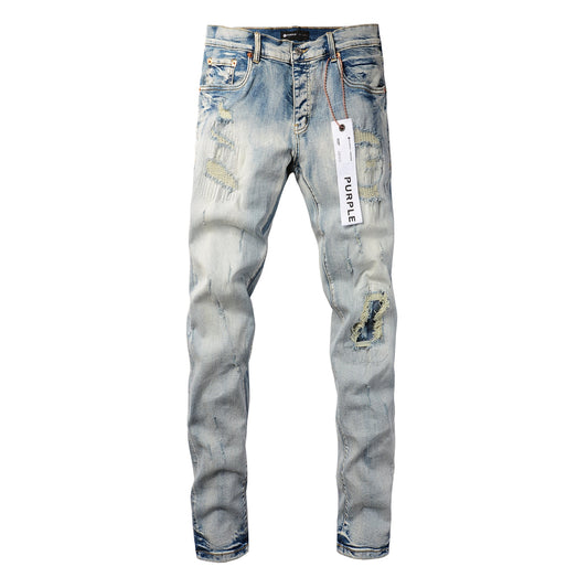PURPLE Men Streetwear Skinny Jeans Light Blue Wash with Heavy Distressed Rips 9058