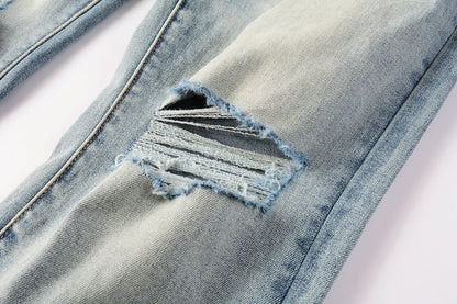 PURPLE Men Streetwear Skinny Jeans Light Blue Wash with Subtle White Pattern Wash 9013