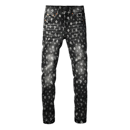 PURPLE Men Classic Street Skinny Jeans Dark Grey Monogram Print All Over Distressed Style 9112
