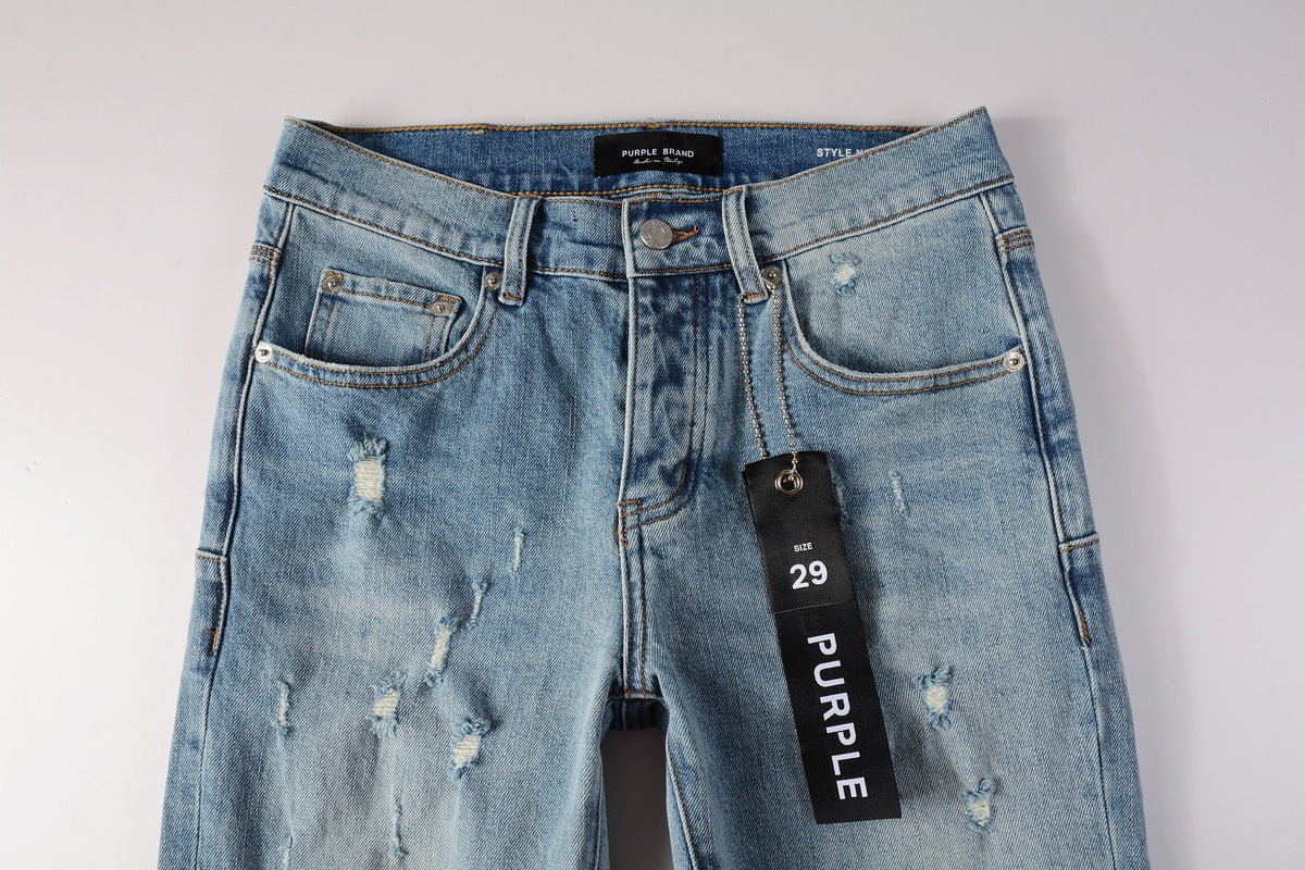 PURPLE Men Streetwear Skinny Jeans Light Blue Wash with Subtle Distressed Ripped Details 9075