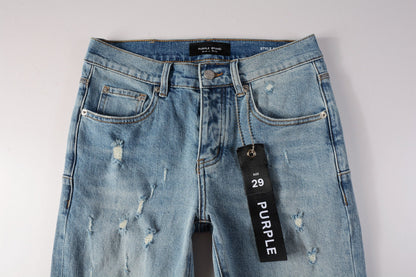 PURPLE Men Streetwear Skinny Jeans Light Blue Wash with Subtle Distressed Ripped Details 9075