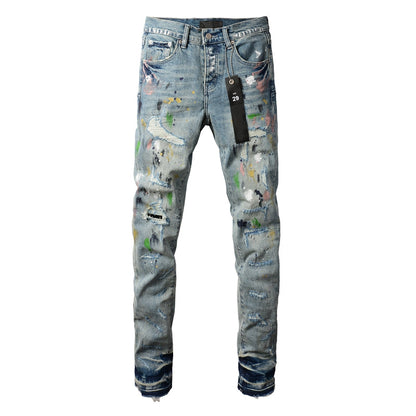 PURPLE Men Streetwear Skinny Jeans Light Blue Wash with Multi-Color Paint Splatter and Distressed Rips 9072