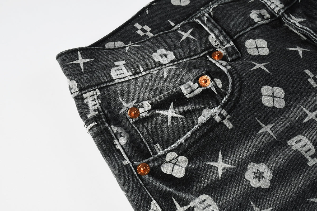 PURPLE Men Classic Street Skinny Jeans Dark Grey Monogram Print All Over Distressed Style 9112