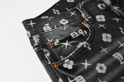 PURPLE Men Classic Street Skinny Jeans Dark Grey Monogram Print All Over Distressed Style 9112