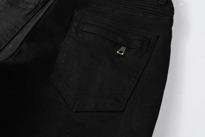 PURPLE Men Streetwear Biker Skinny Jeans Black with Knee Pleats and Zipper Pockets 0964