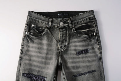 PURPLE Men Classic Streetwear Jeans Distressed Black Grey Ripped skinny 9068