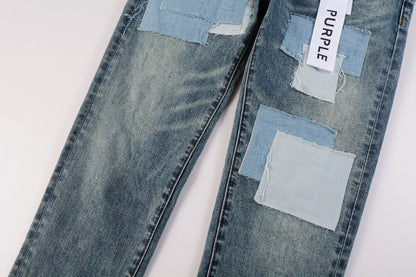 PURPLE Men Streetwear Skinny Jeans Light Blue Wash with Patchwork Distressed Details 9015